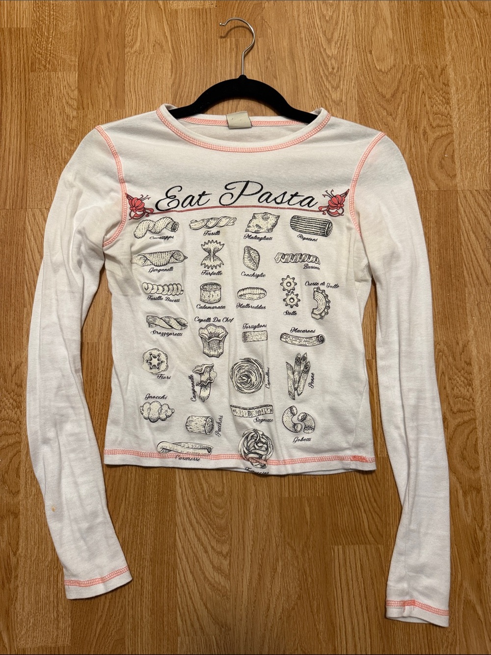 Eat Pasta White Long Sleeve Tee with Pink Stitching